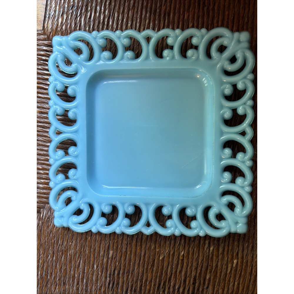 Rare Fenton Turquoise Milk Glass Scroll Lace Reverse C Border Blue Plate Square